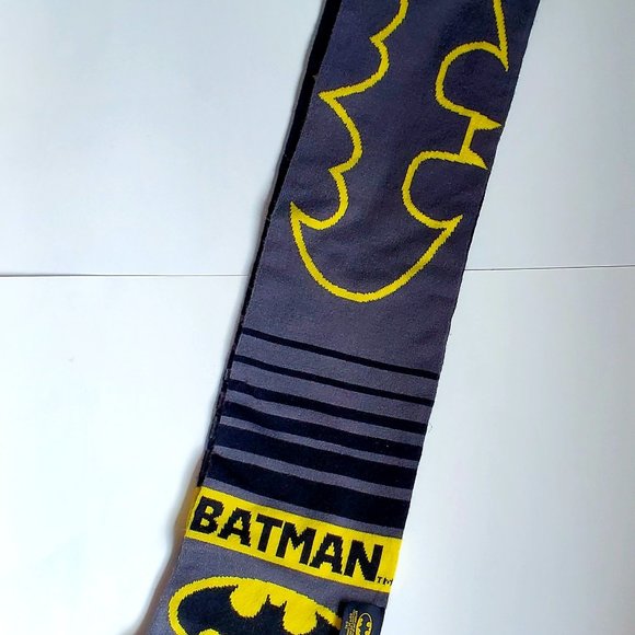 BATMAN Logo Long Knit Scarf Winter Scarf Fringe Ends Grey Black Yellow DC Comics - Picture 4 of 4